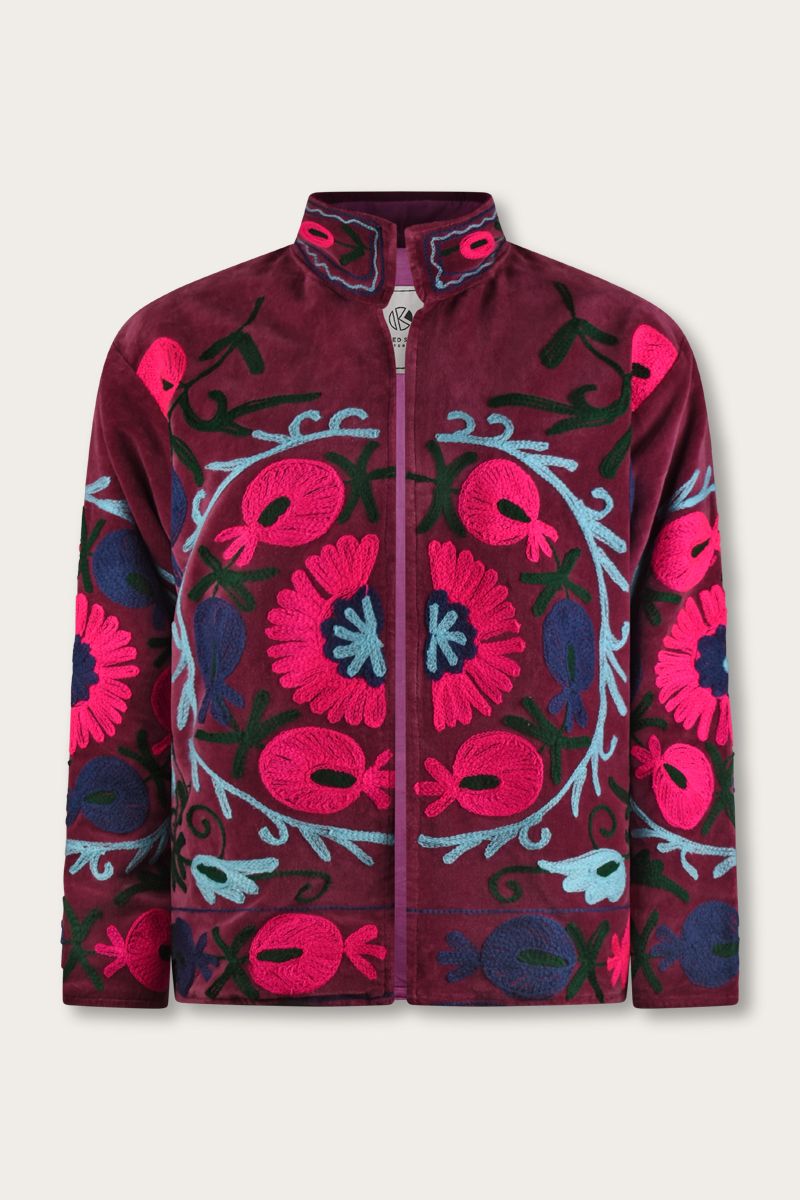 Embroidered Velvet Jacket – Wine Red with Fuchsia Floral Motif