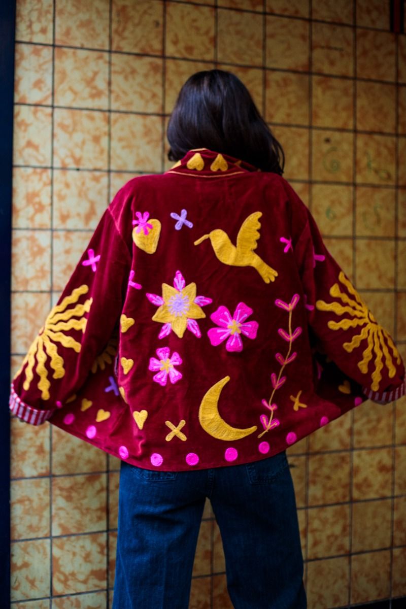 Embroidered Velvet Jacket – Deep Burgundy with Yellow and Pink Embroidery