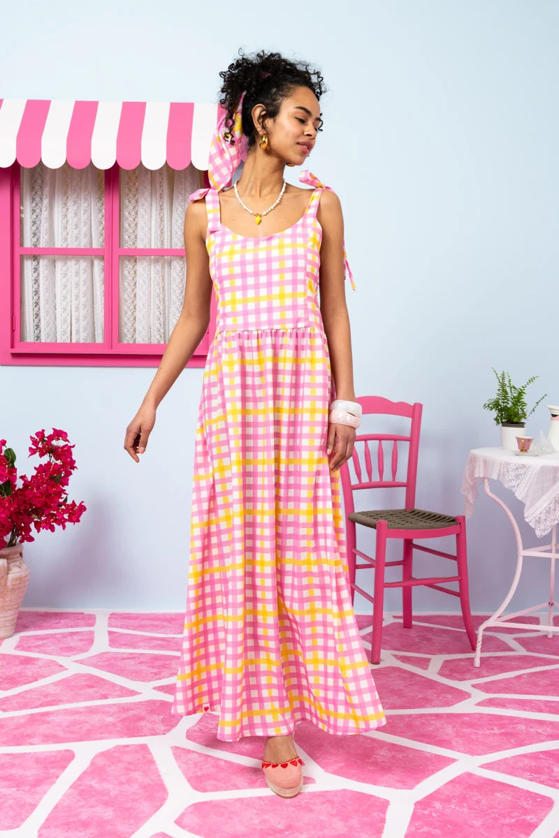 Fenia Dress Pink Yellow Checkered Φόρεμα με Δετές Τιράντες & Τσέπες Petit Boutik