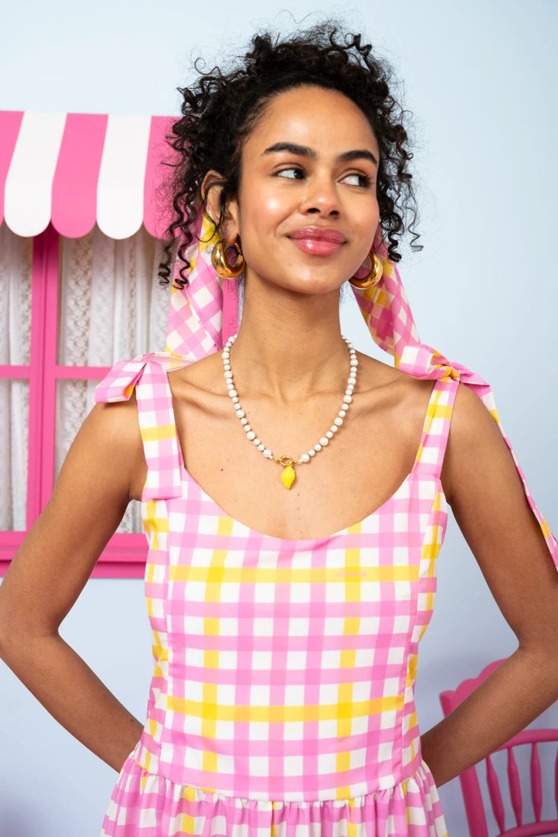 Fenia Dress Pink Yellow Checkered Φόρεμα με Δετές Τιράντες & Τσέπες Petit Boutik
