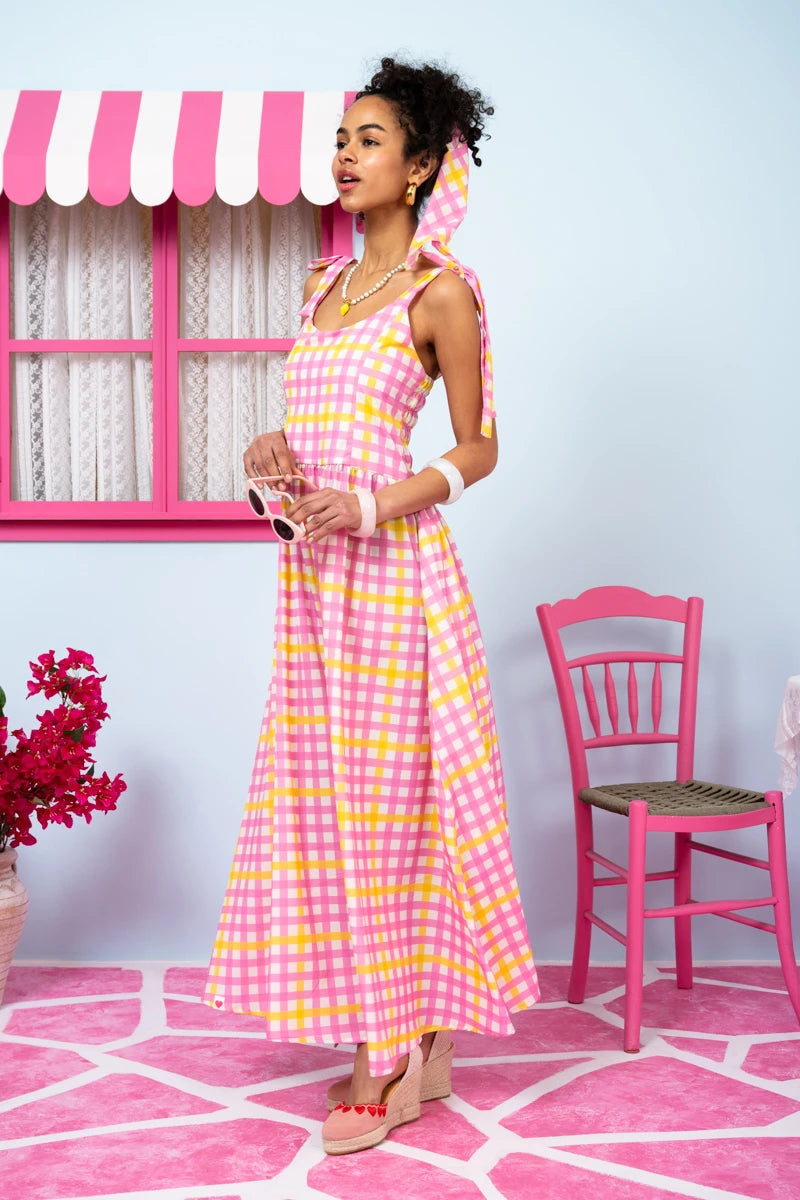 Fenia Dress Pink Yellow Checkered Φόρεμα με Δετές Τιράντες & Τσέπες Petit Boutik