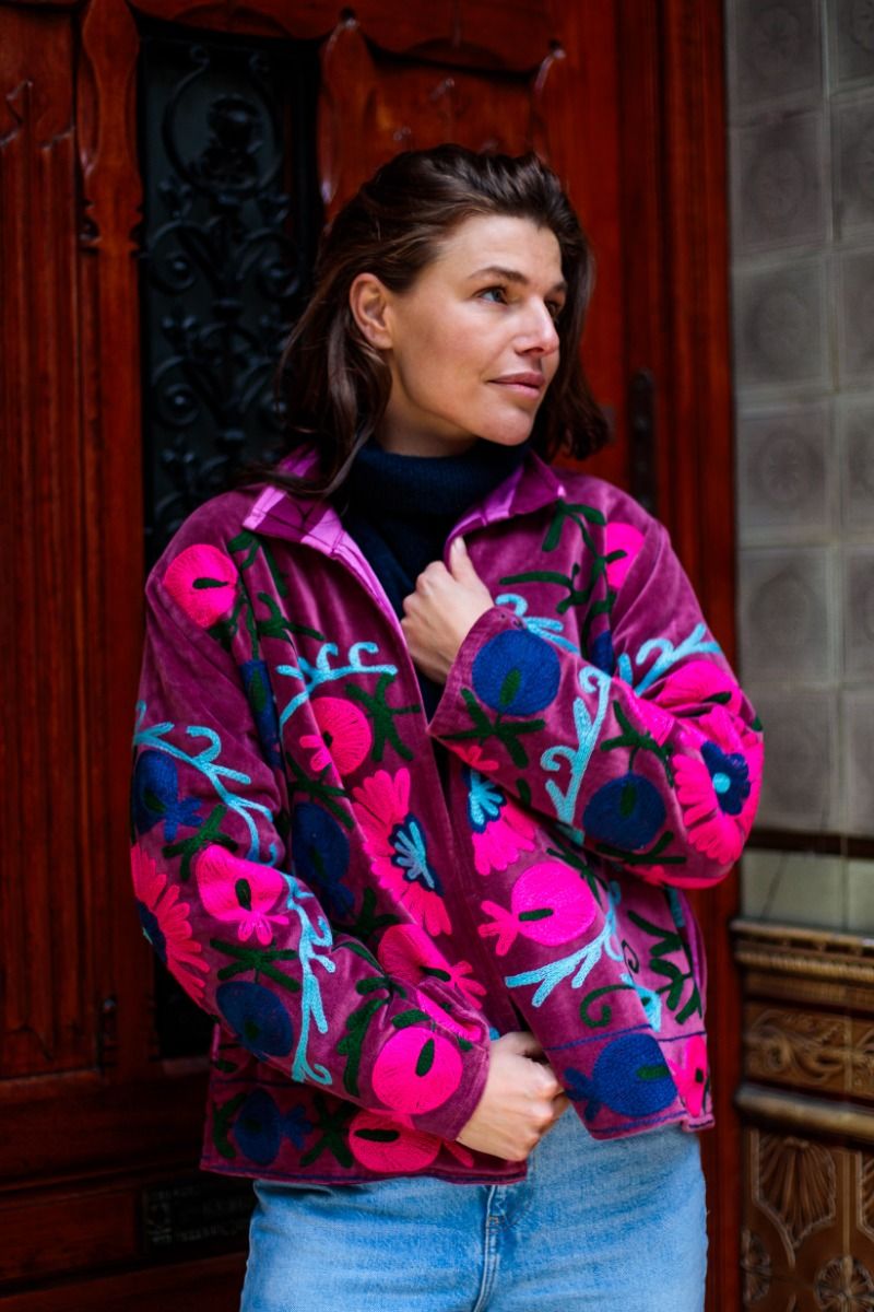 Embroidered Velvet Jacket – Wine Red with Fuchsia Floral Motif