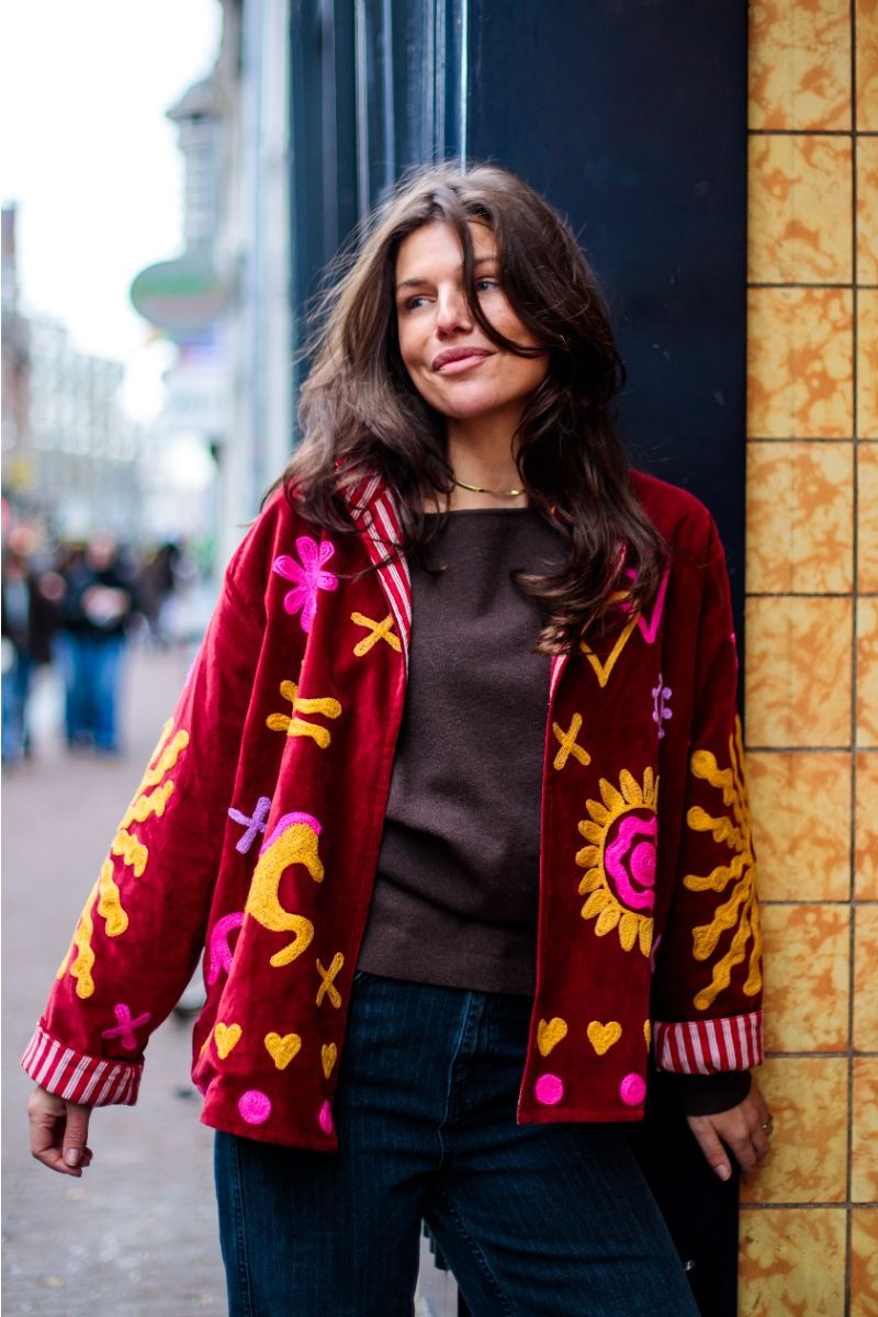 Embroidered Velvet Jacket – Deep Burgundy with Yellow and Pink Embroidery