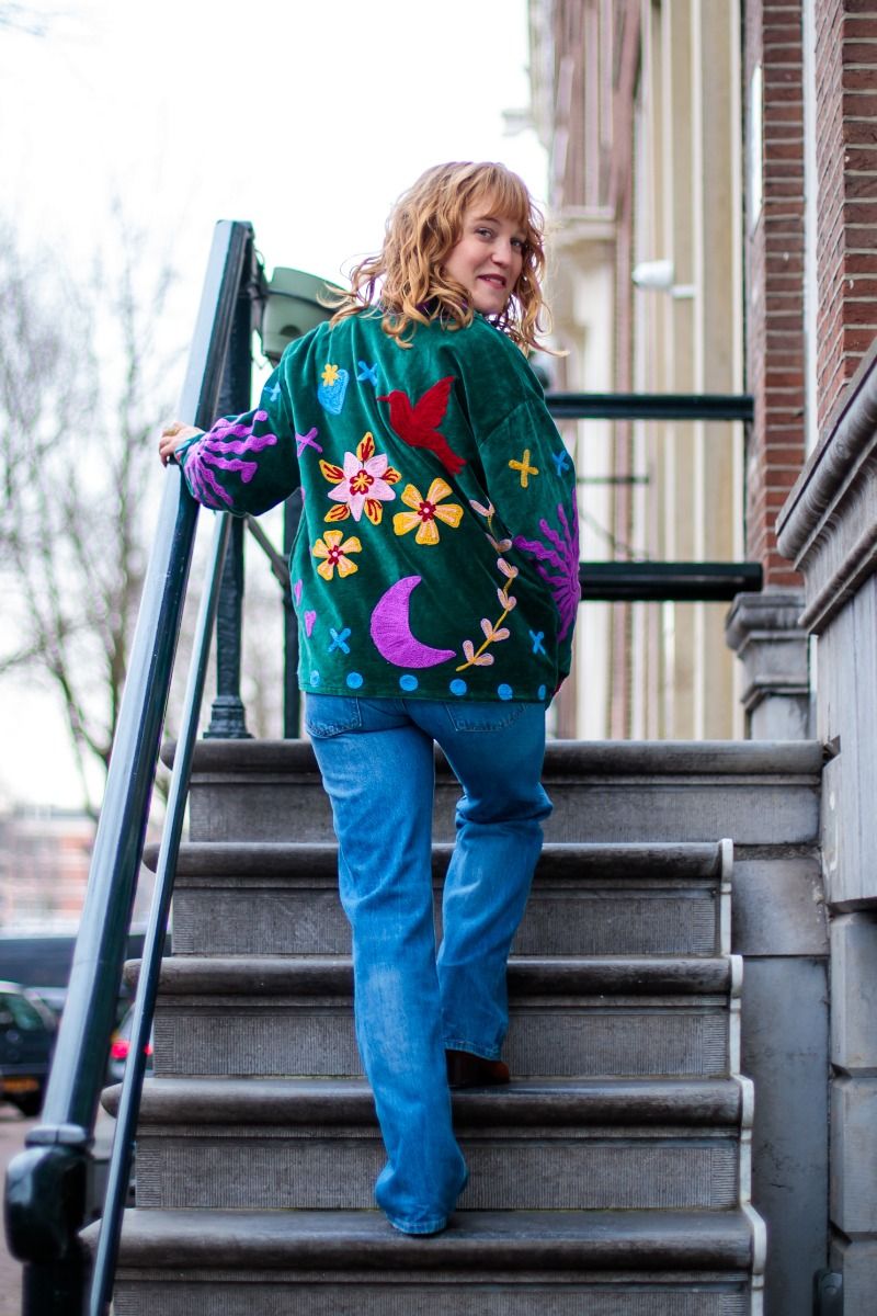 Embroidered Velvet Jacket – Deep Green with Playful Multicolor Embroidery