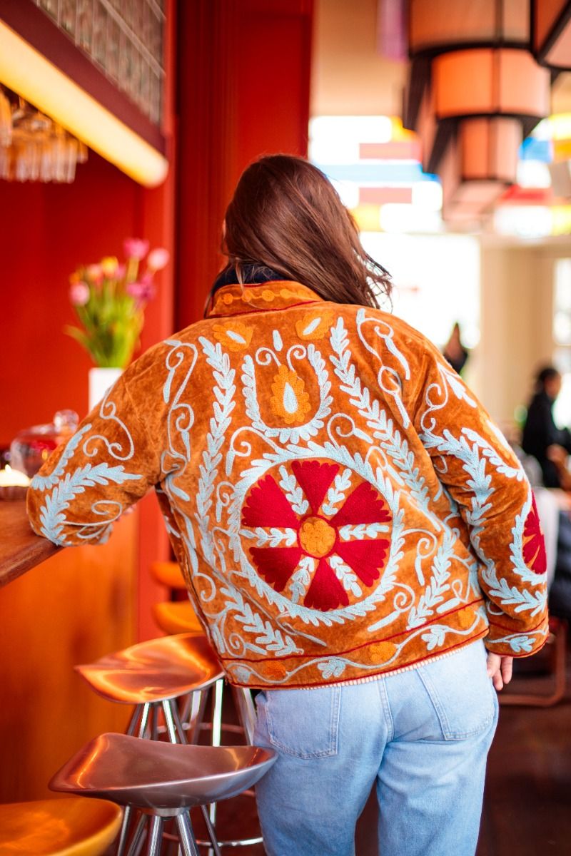Suzani Jacket – Brown-amber with red floral embroidery
