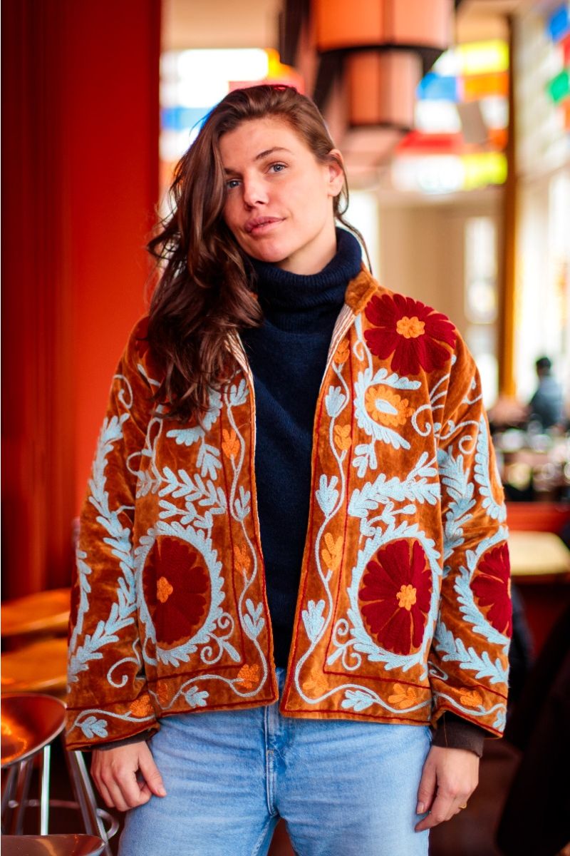 Suzani Jacket – Brown-amber with red floral embroidery
