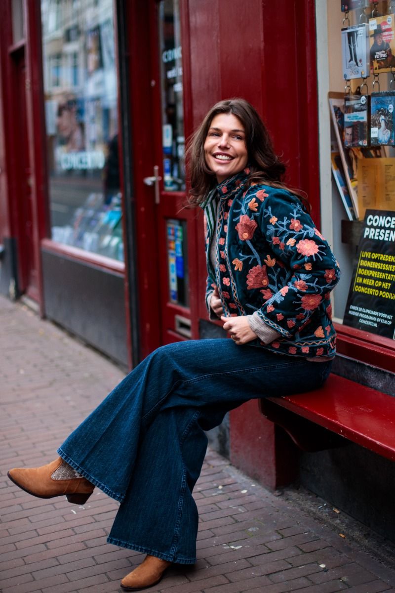 Embroidered Velvet Jacket – Petrol with Coral Floral Embroidery
