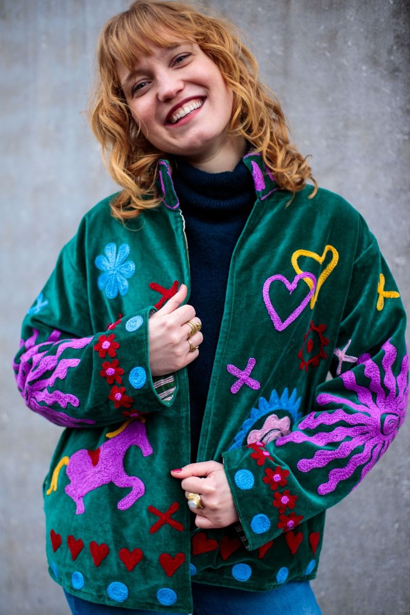 Embroidered Velvet Jacket – Deep Green with Playful Multicolor Embroidery