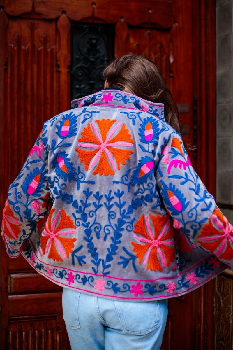 Embroidered Jacket – Soft Grey Velvet with Pink and Orange Floral Suzani Embroidery