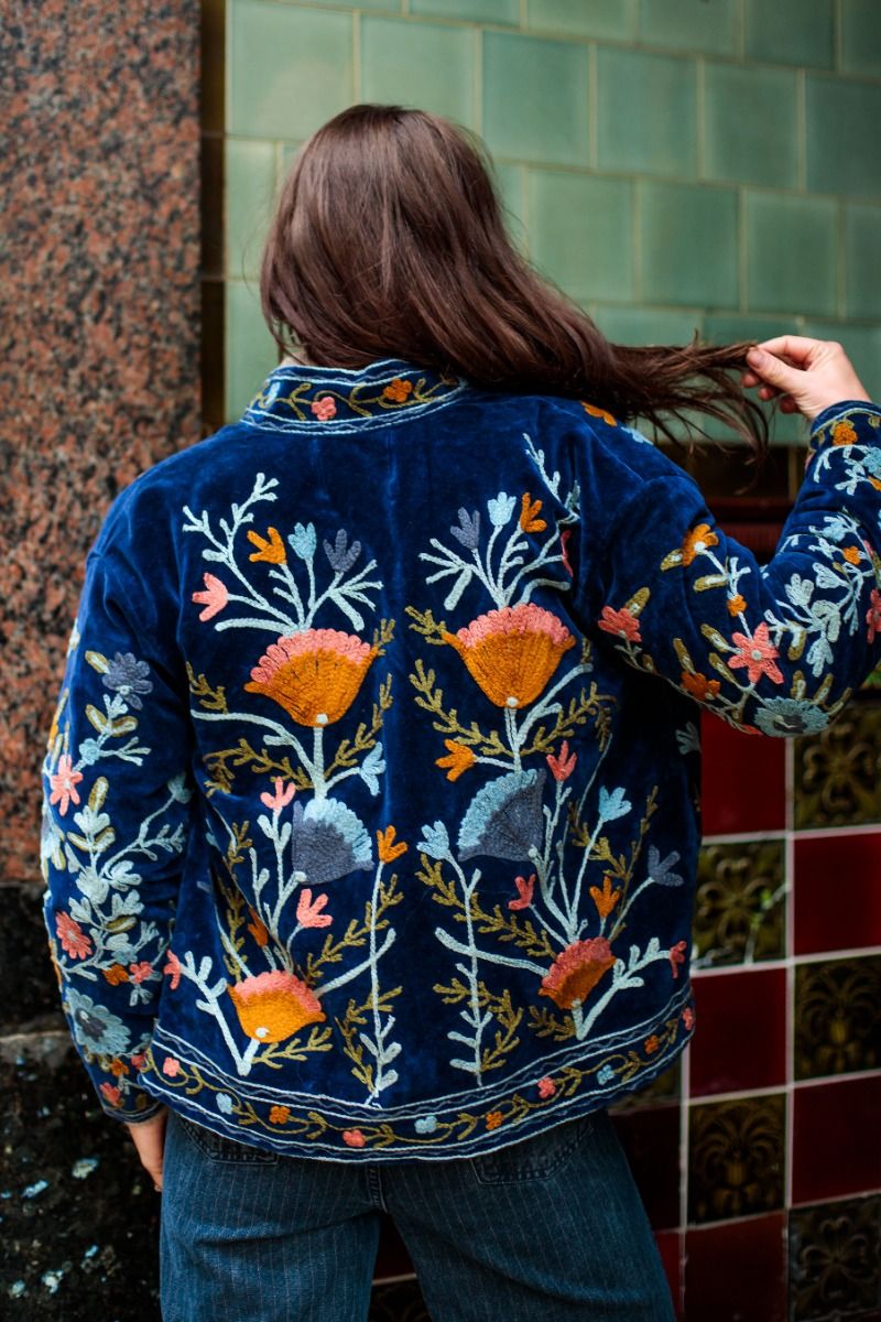 Embroidered velvet jacket – Ocean blue with multicolor Suzani embroidery