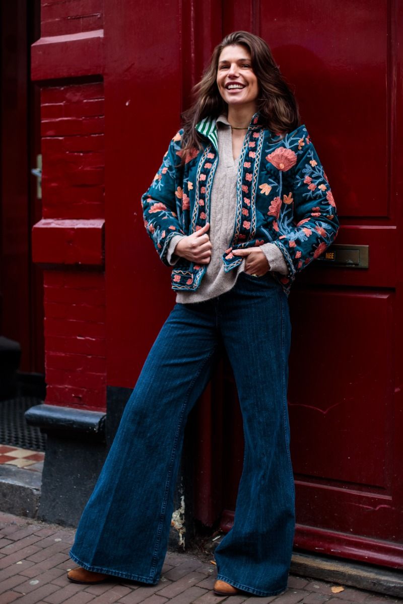 Embroidered Velvet Jacket – Petrol with Coral Floral Embroidery