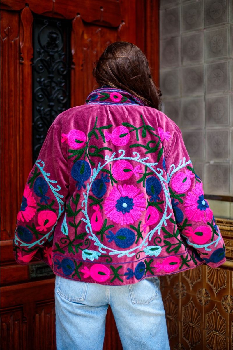 Embroidered Velvet Jacket – Wine Red with Fuchsia Floral Motif