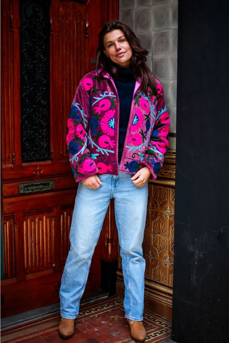 Embroidered Velvet Jacket – Wine Red with Fuchsia Floral Motif