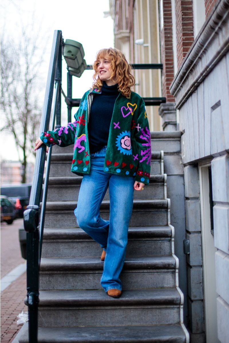 Embroidered Velvet Jacket – Deep Green with Playful Multicolor Embroidery