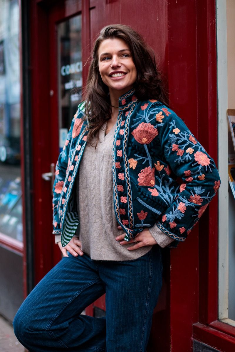 Embroidered Velvet Jacket – Petrol with Coral Floral Embroidery