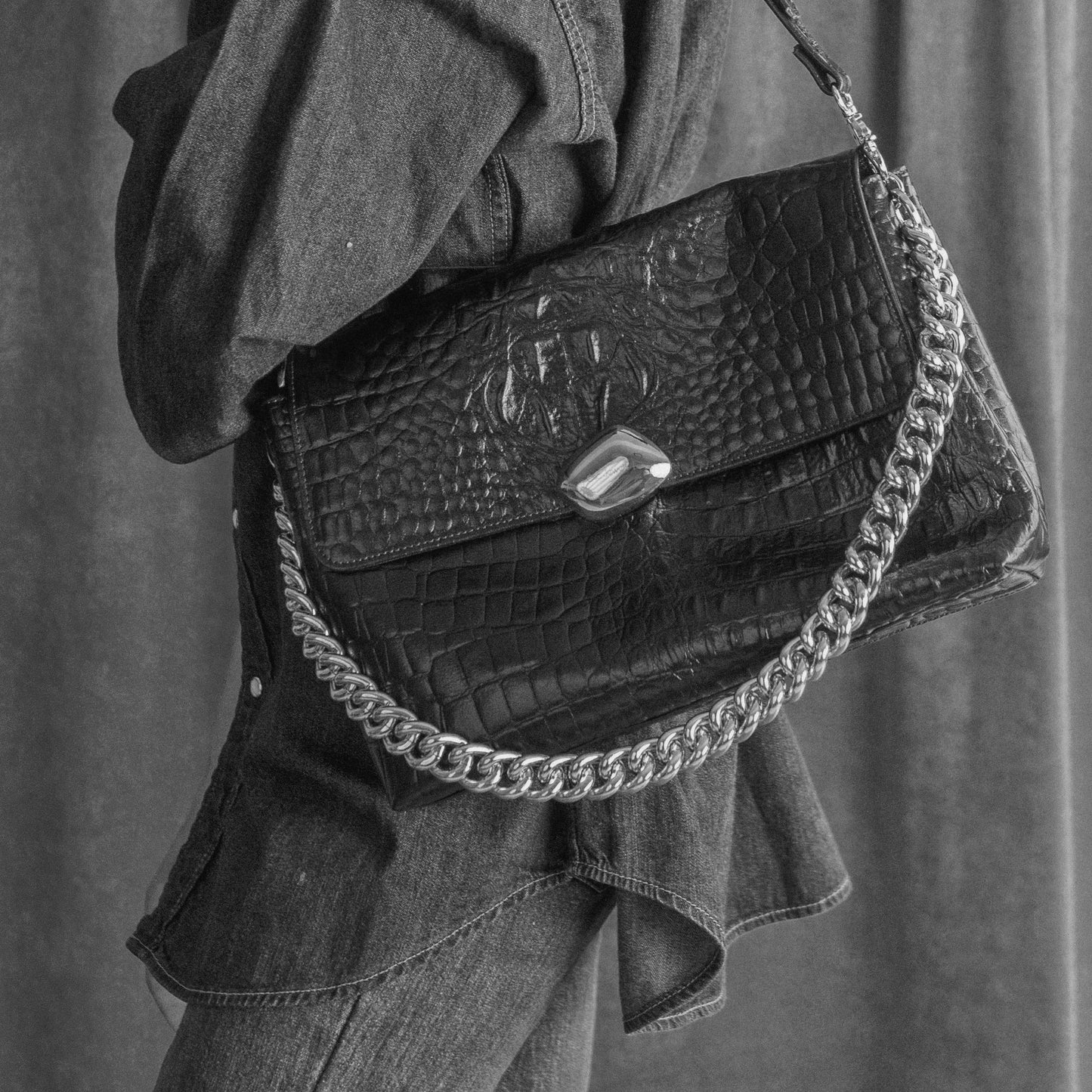 Large Size Black Croco Leather Bag