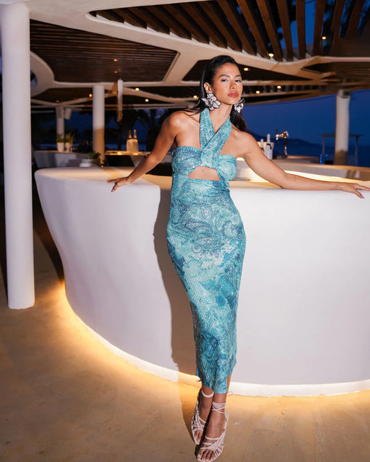 PAISLEY WAVES MIDI SEQUINED DRESS