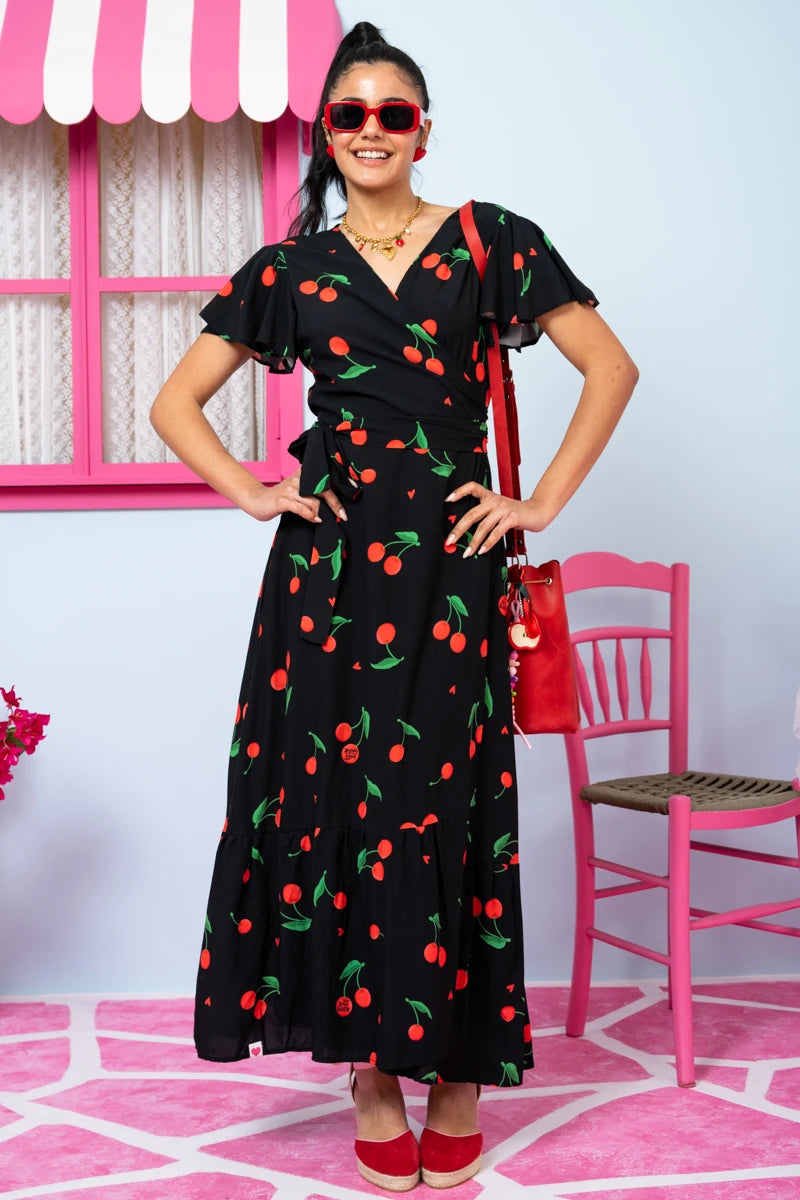 Iris Wrap Dress Black Cherries Φόρεμα Κρουαζέ Petit Boutik
