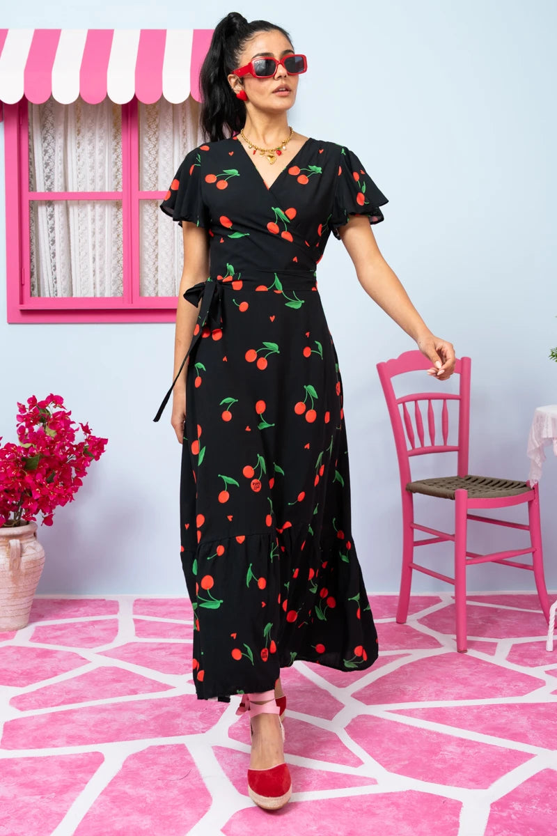 Iris Wrap Dress Black Cherries Φόρεμα Κρουαζέ Petit Boutik