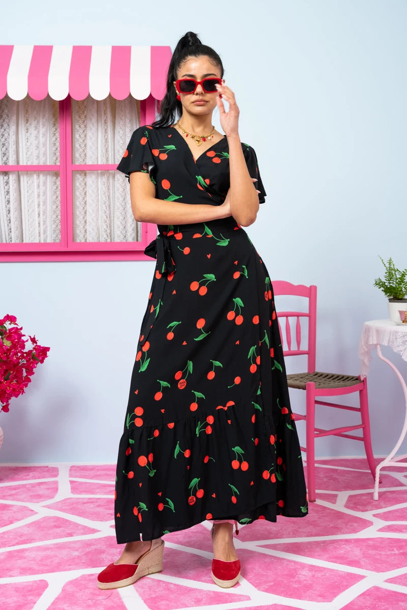 Iris Wrap Dress Black Cherries Φόρεμα Κρουαζέ Petit Boutik