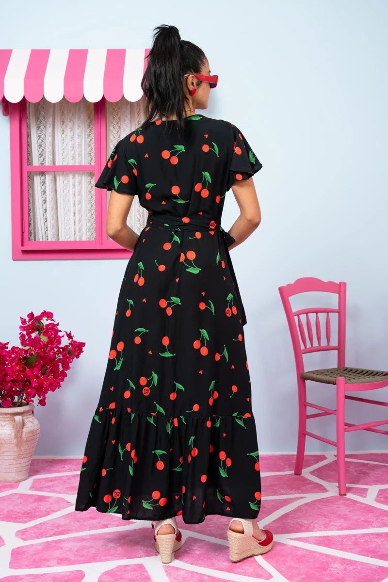 Iris Wrap Dress Black Cherries Φόρεμα Κρουαζέ Petit Boutik