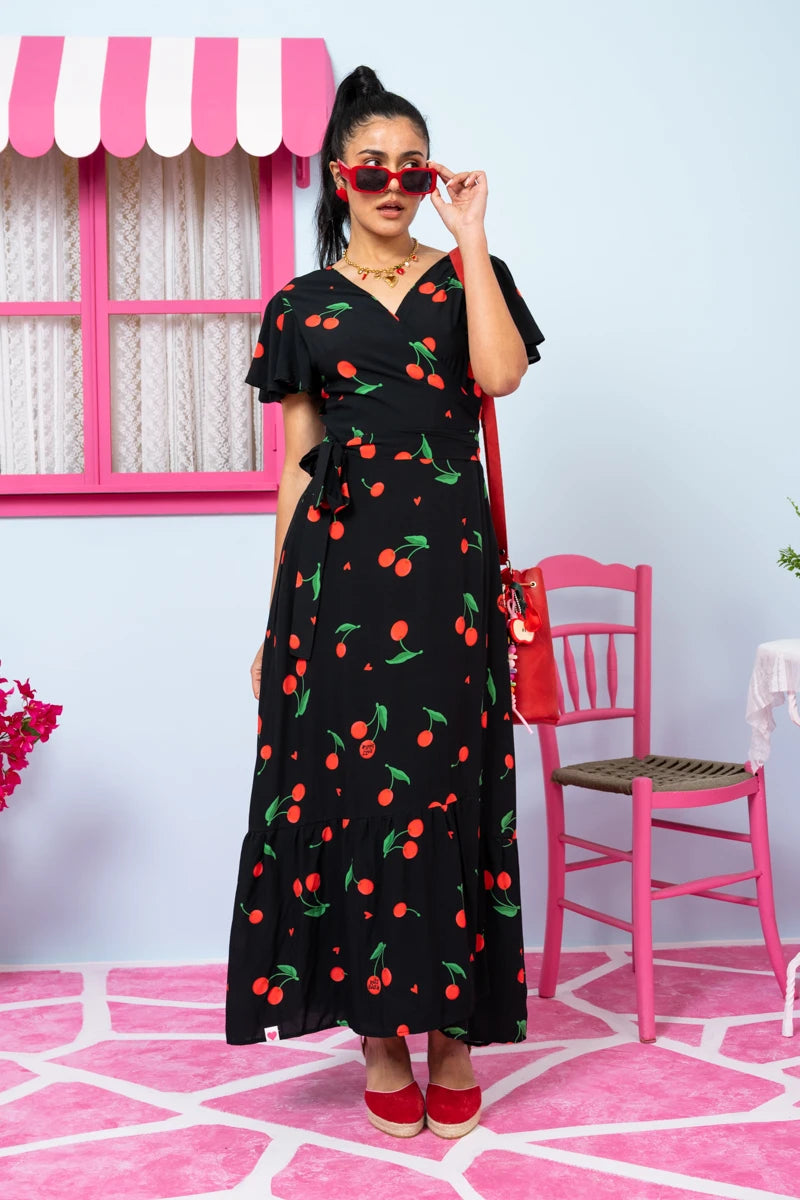 Iris Wrap Dress Black Cherries Φόρεμα Κρουαζέ Petit Boutik
