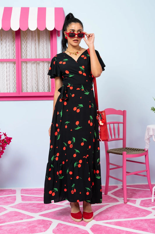 Iris Wrap Dress Black Cherries Φόρεμα Κρουαζέ Petit Boutik