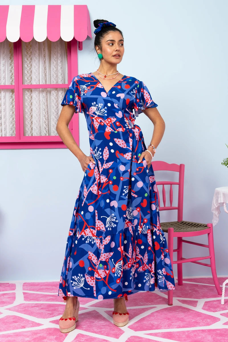 Iris Wrap Dress Blue Pink Floral Φόρεμα Κρουαζέ Petit Boutik