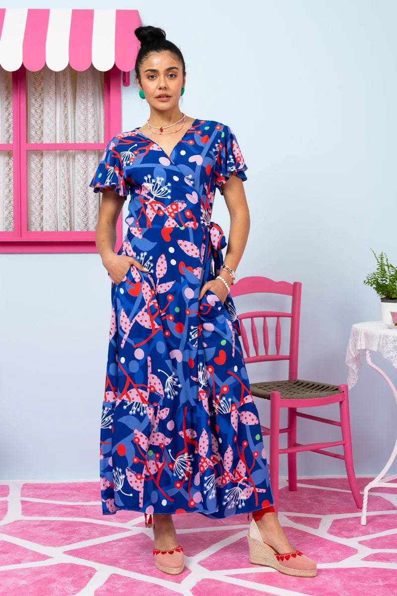Iris Wrap Dress Blue Pink Floral Φόρεμα Κρουαζέ Petit Boutik