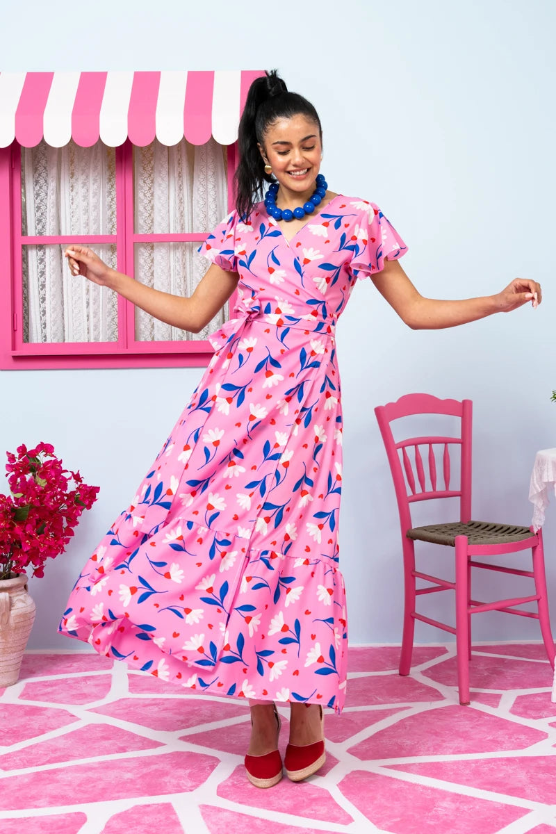 Iris Wrap Dress Pink Floral Blue Leaves Φόρεμα Κρουαζέ Petit Boutik