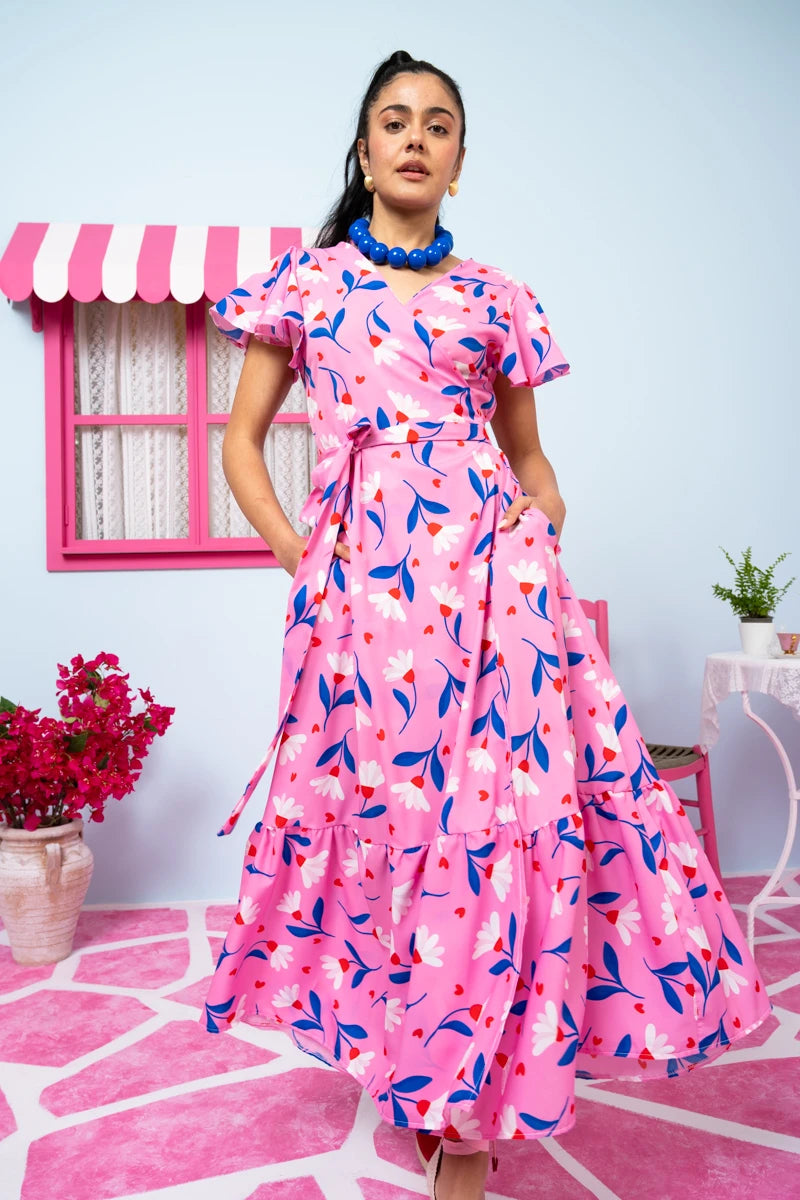 Iris Wrap Dress Pink Floral Blue Leaves Φόρεμα Κρουαζέ Petit Boutik