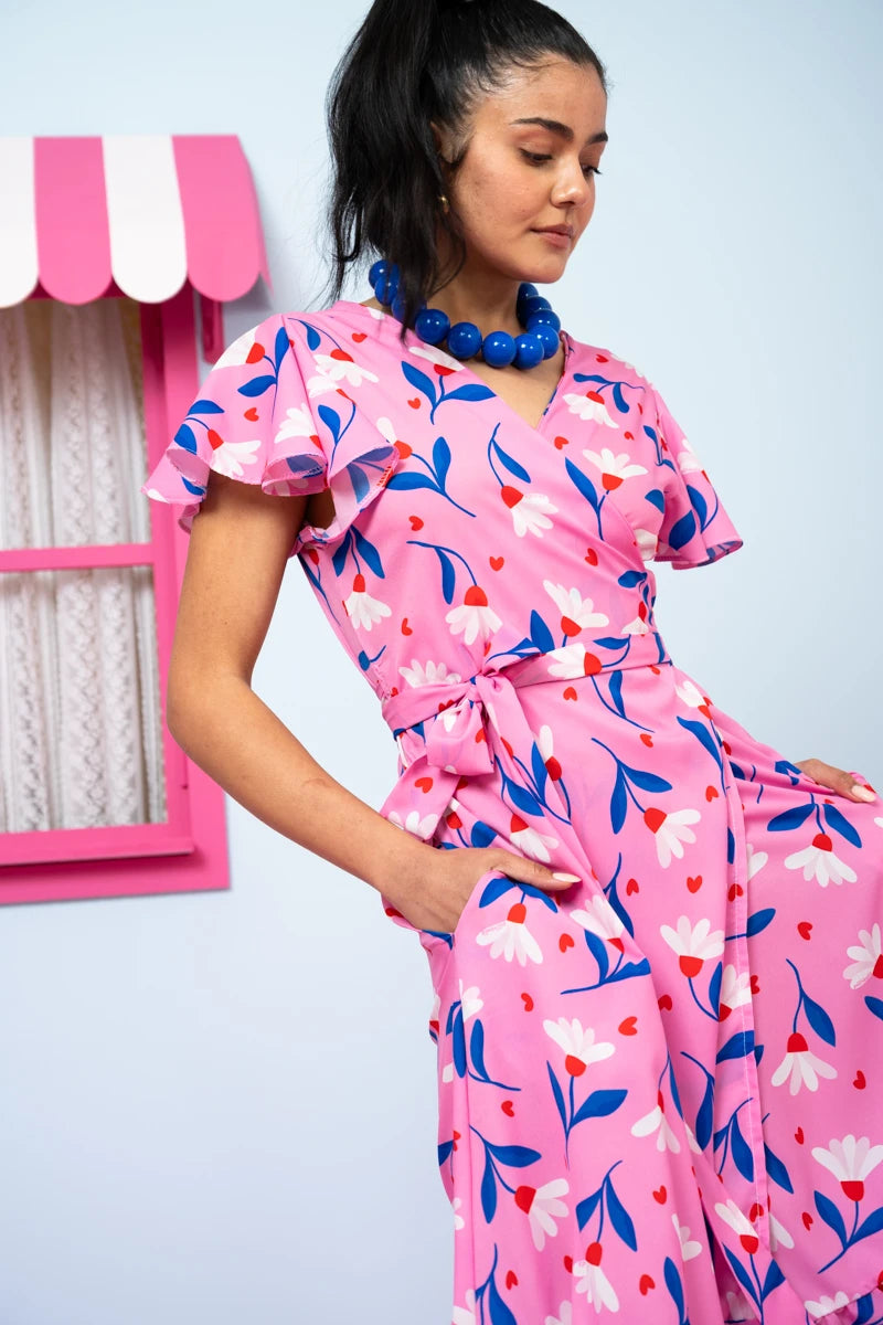 Iris Wrap Dress Pink Floral Blue Leaves Φόρεμα Κρουαζέ Petit Boutik