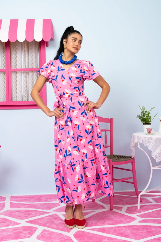 Iris Wrap Dress Pink Floral Blue Leaves Φόρεμα Κρουαζέ Petit Boutik