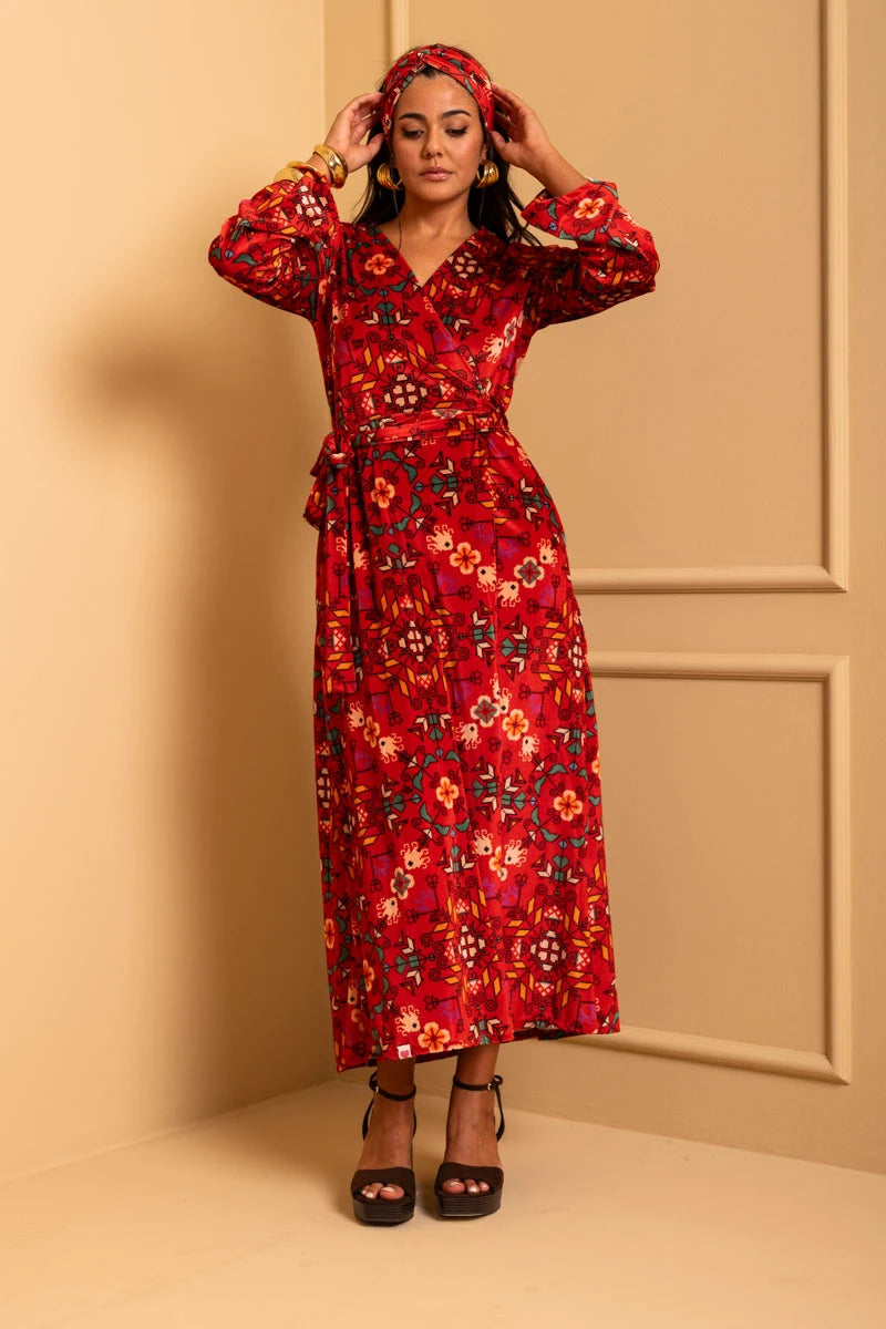 Iris Wrap Dress Red Terracotta Folk Pixel Flower Βελούδινο Rip Φόρεμα Κρουαζέ Petit Boutik