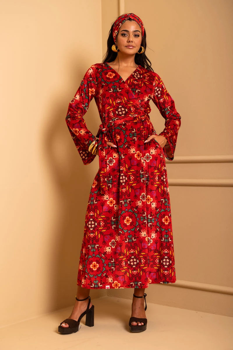 Iris Wrap Dress Red Terracotta Folk Pixel Flower Βελούδινο Rip Φόρεμα Κρουαζέ Petit Boutik