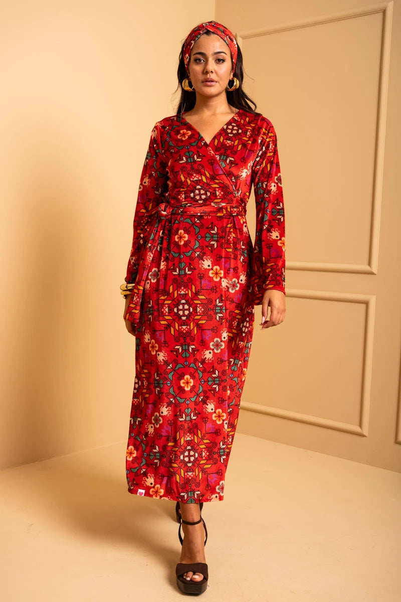 Iris Wrap Dress Red Terracotta Folk Pixel Flower Βελούδινο Rip Φόρεμα Κρουαζέ Petit Boutik