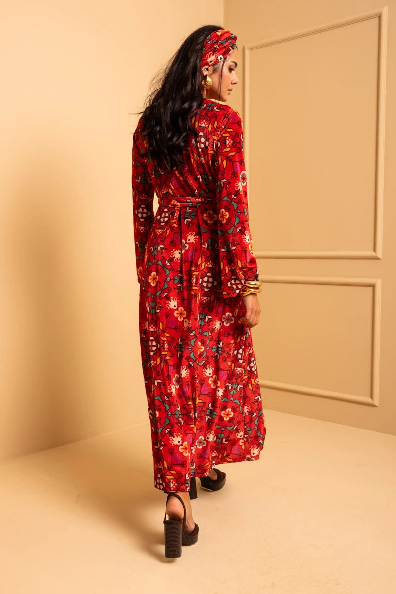 Iris Wrap Dress Red Terracotta Folk Pixel Flower Βελούδινο Rip Φόρεμα Κρουαζέ Petit Boutik