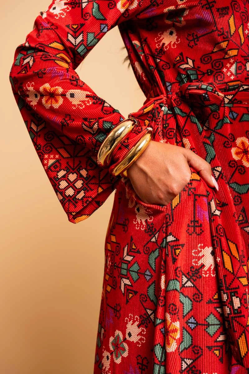 Iris Wrap Dress Red Terracotta Folk Pixel Flower Βελούδινο Rip Φόρεμα Κρουαζέ Petit Boutik