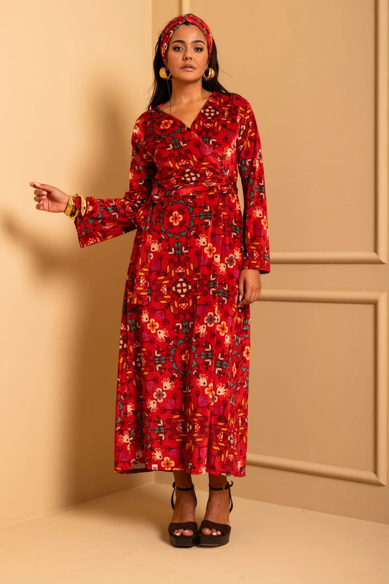 Iris Wrap Dress Red Terracotta Folk Pixel Flower Βελούδινο Rip Φόρεμα Κρουαζέ Petit Boutik