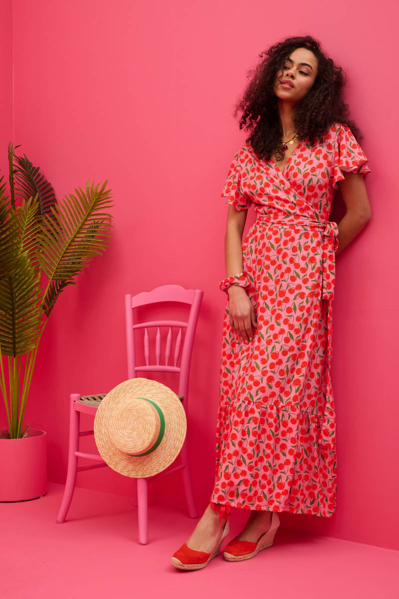 Iris Wrap Dress Vis Pink Cherries Φόρεμα Κρουαζέ Petit Boutik
