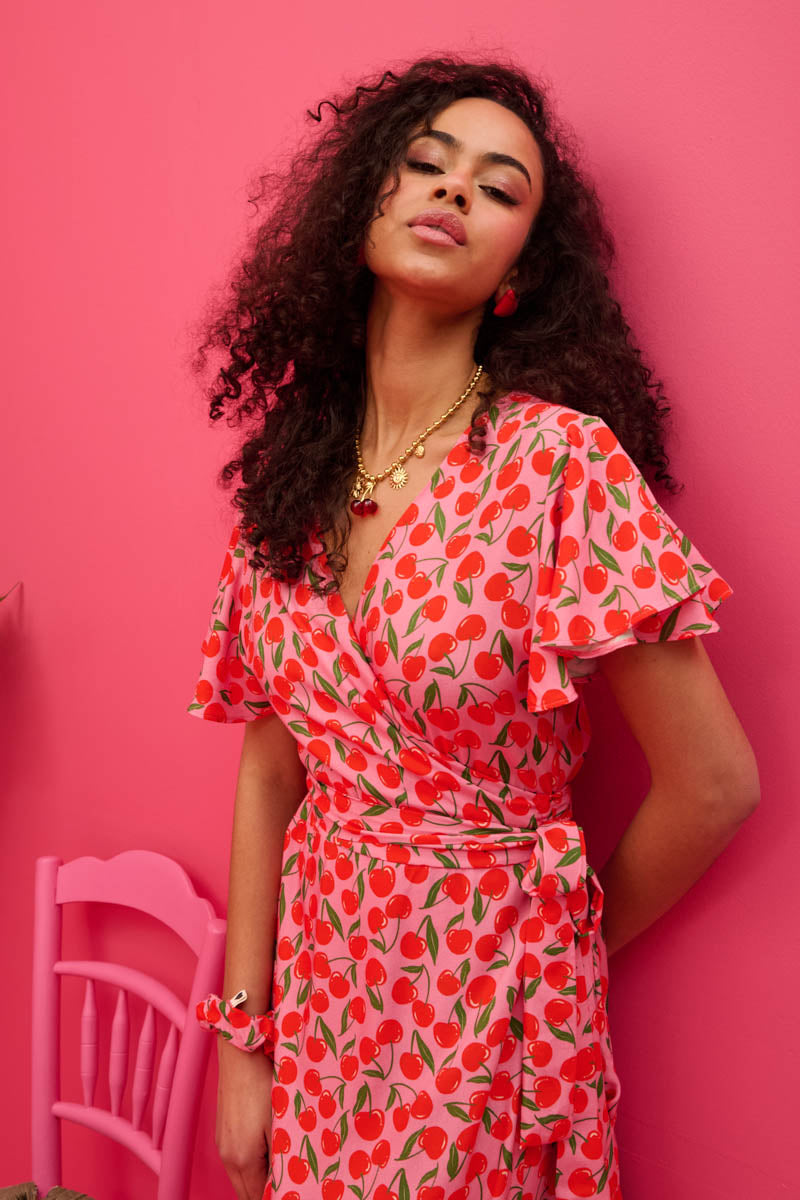 Iris Wrap Dress Vis Pink Cherries Φόρεμα Κρουαζέ Petit Boutik