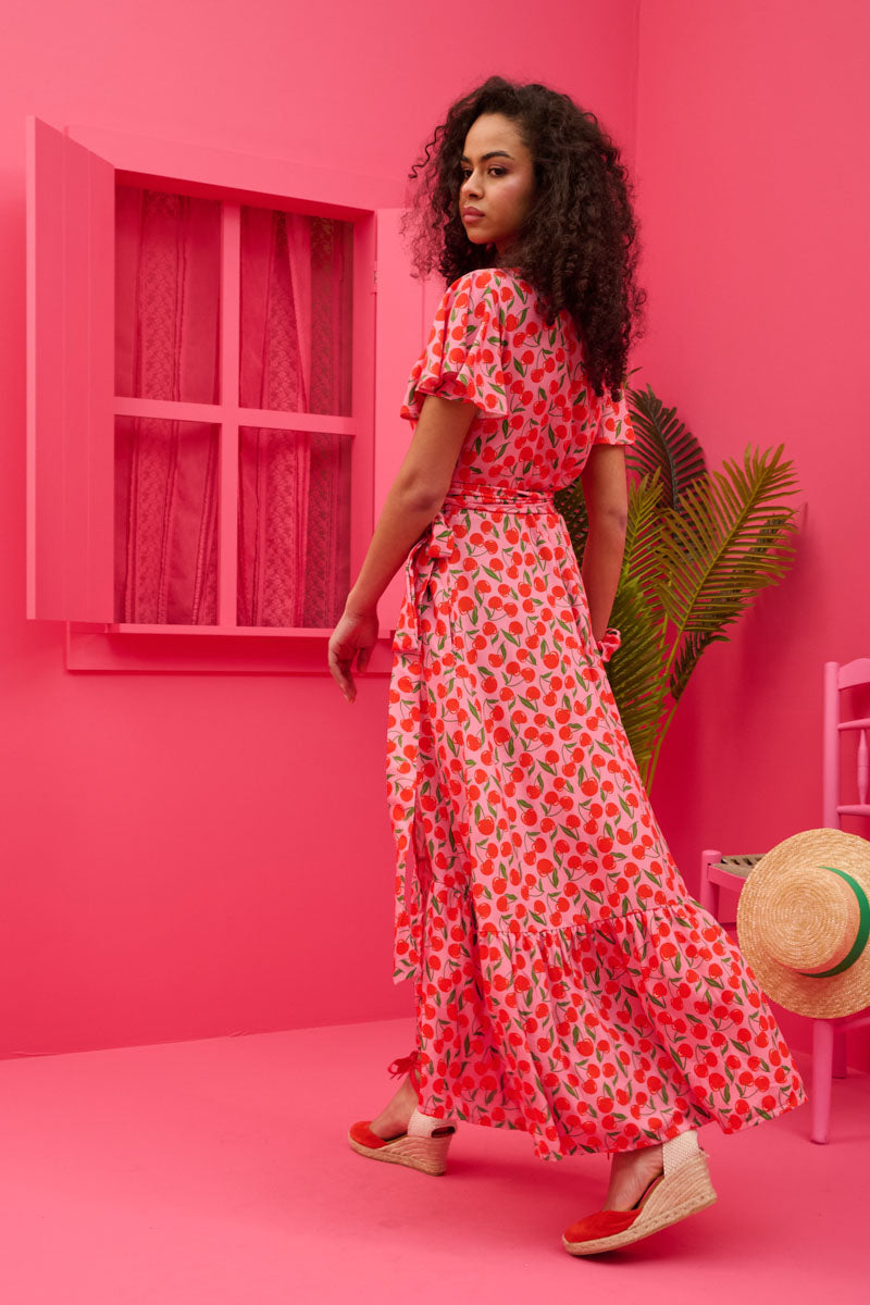 Iris Wrap Dress Vis Pink Cherries Φόρεμα Κρουαζέ Petit Boutik
