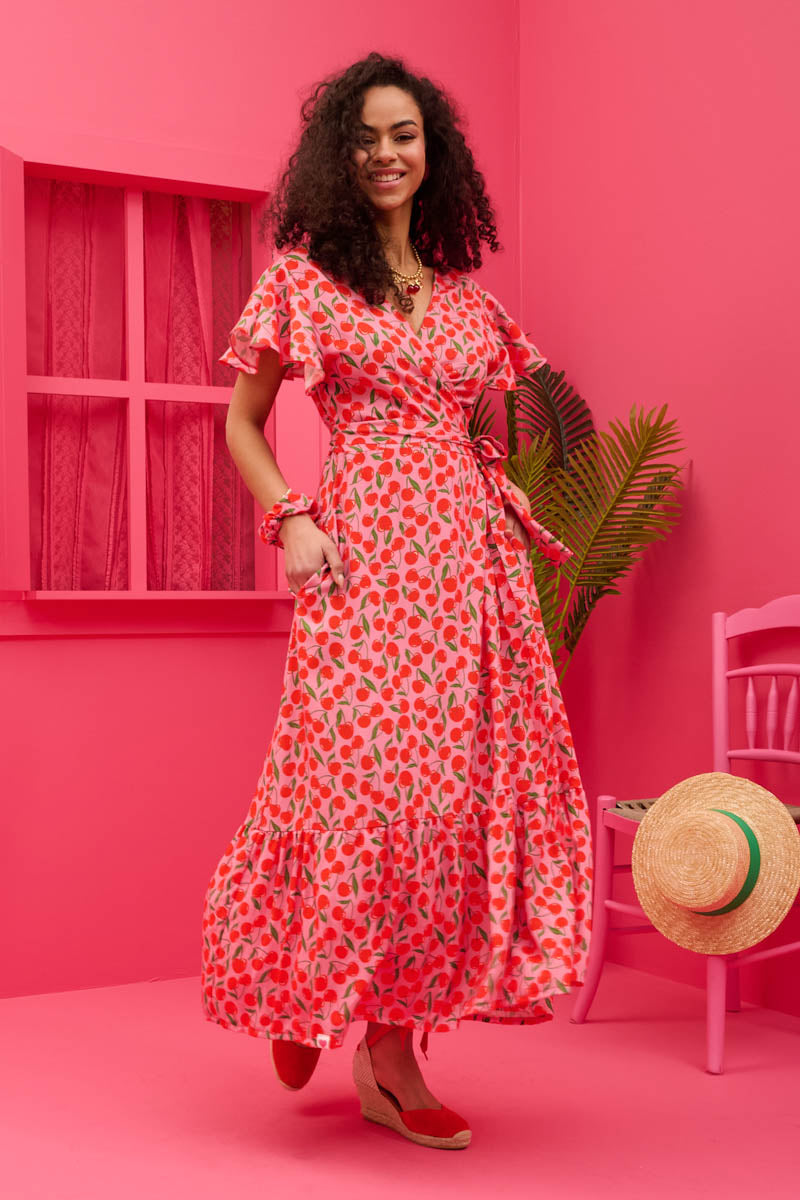 Iris Wrap Dress Vis Pink Cherries Φόρεμα Κρουαζέ Petit Boutik