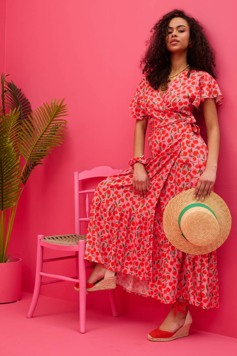 Iris Wrap Dress Vis Pink Cherries Φόρεμα Κρουαζέ Petit Boutik