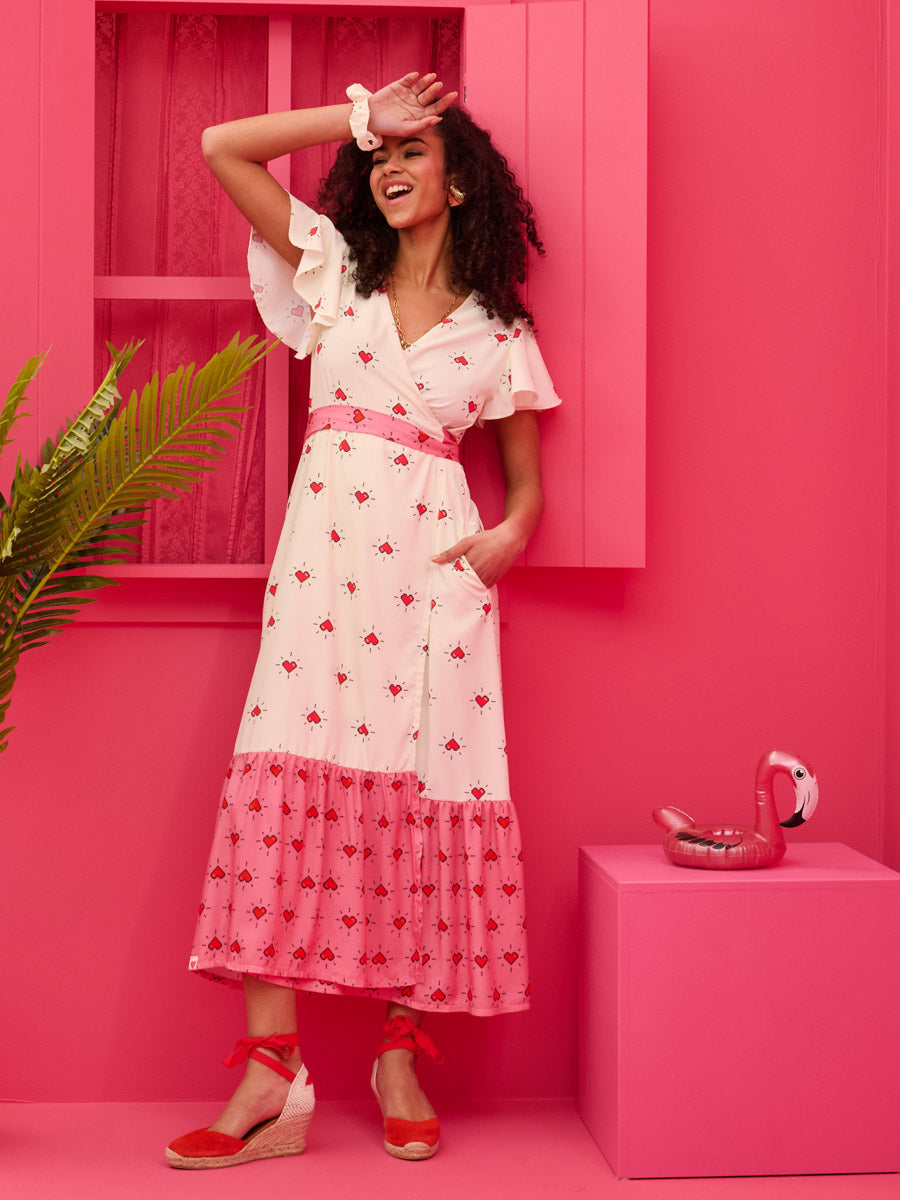 Iris Wrap Dress White Pixel Hearts Φόρεμα Κρουαζέ Petit Boutik