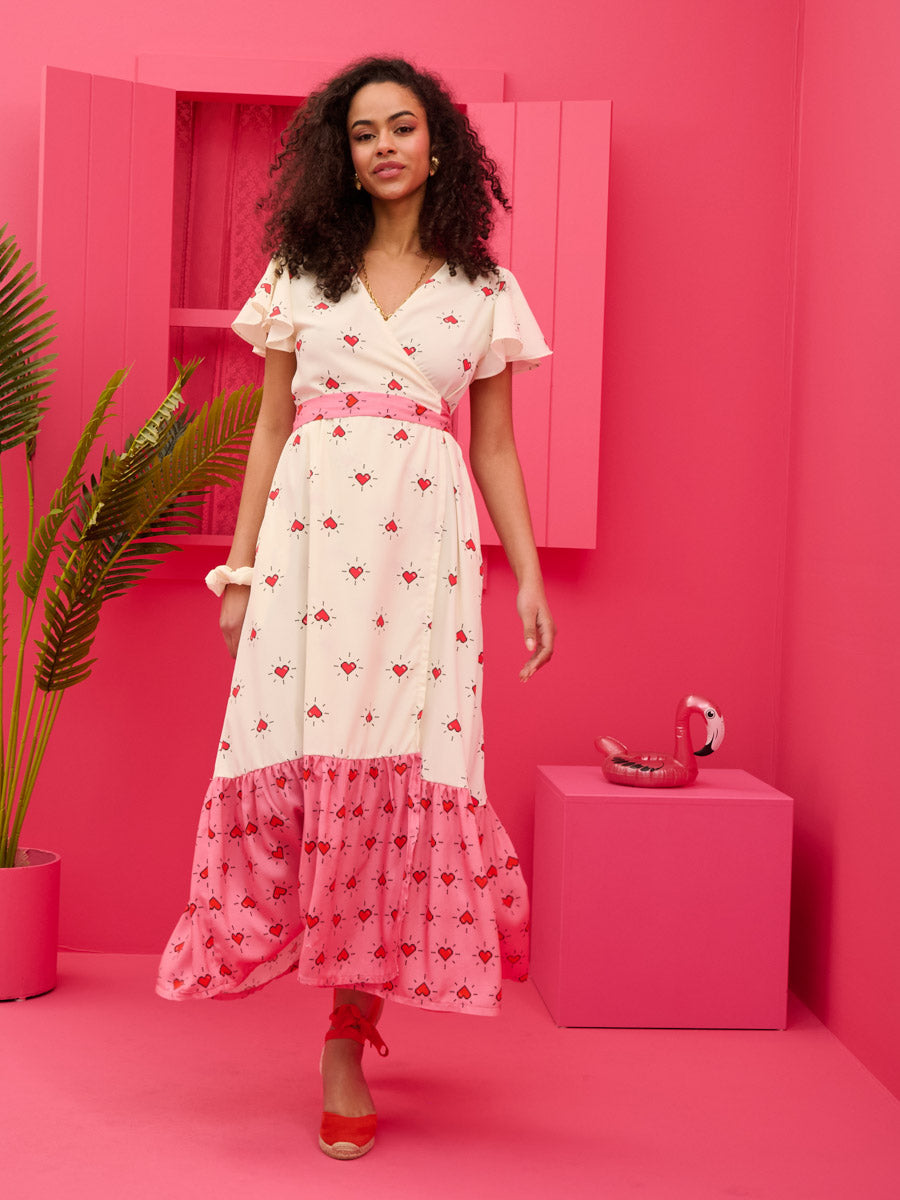 Iris Wrap Dress White Pixel Hearts Φόρεμα Κρουαζέ Petit Boutik