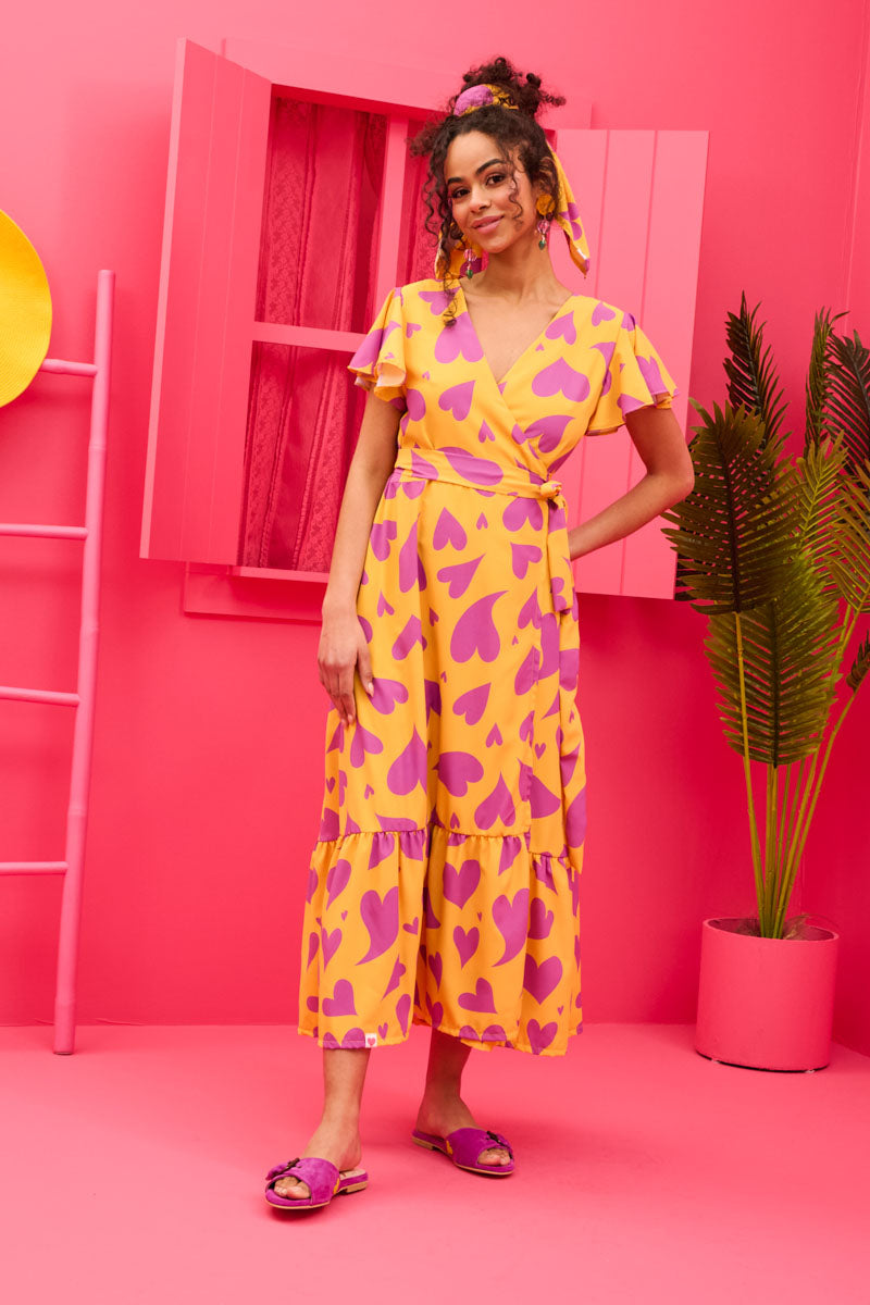 Iris Wrap Dress Yellow Magenta Hearts Φόρεμα Κρουαζέ Petit Boutik