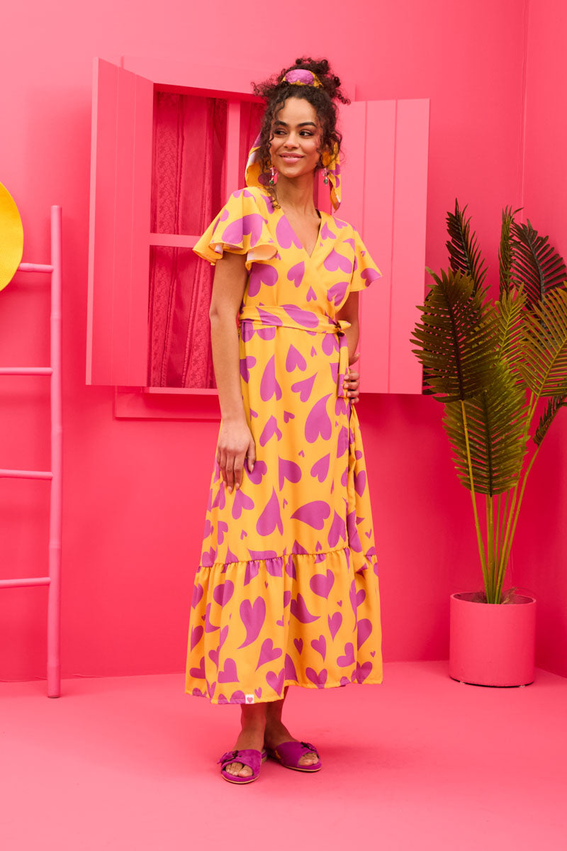 Iris Wrap Dress Yellow Magenta Hearts Φόρεμα Κρουαζέ Petit Boutik