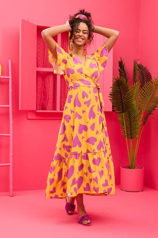 Iris Wrap Dress Yellow Magenta Hearts Φόρεμα Κρουαζέ Petit Boutik
