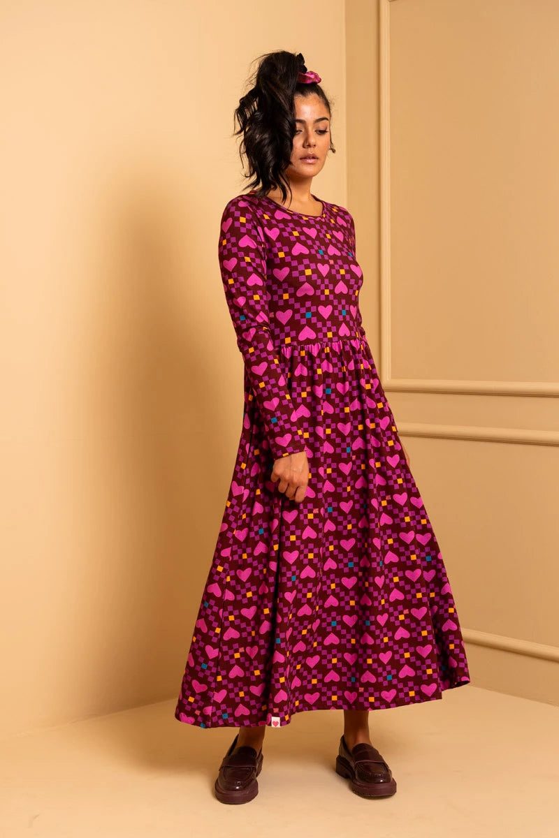 Isabella Dress Magenta Hearts Cubes Jersey Φόρεμα με Τσέπες Petit Boutik